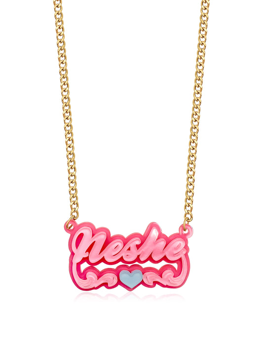 Double Layer Pink Acrylic Two Tone Custom Plated Name Necklace with Heart